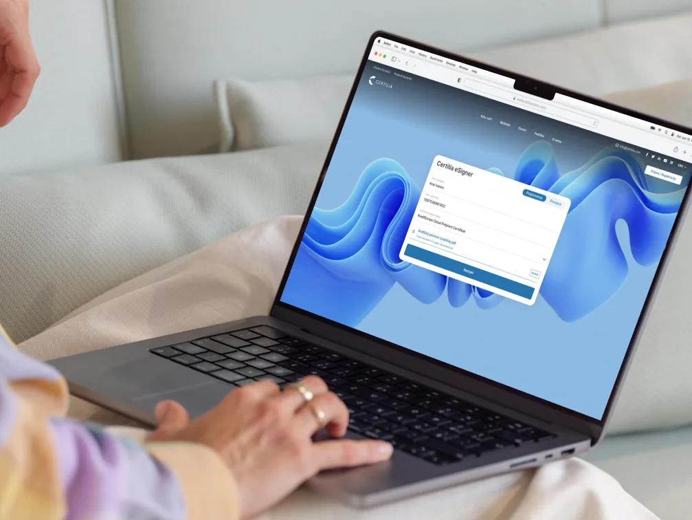 Certilia – eSigner document signing flow open on a laptop, project cover