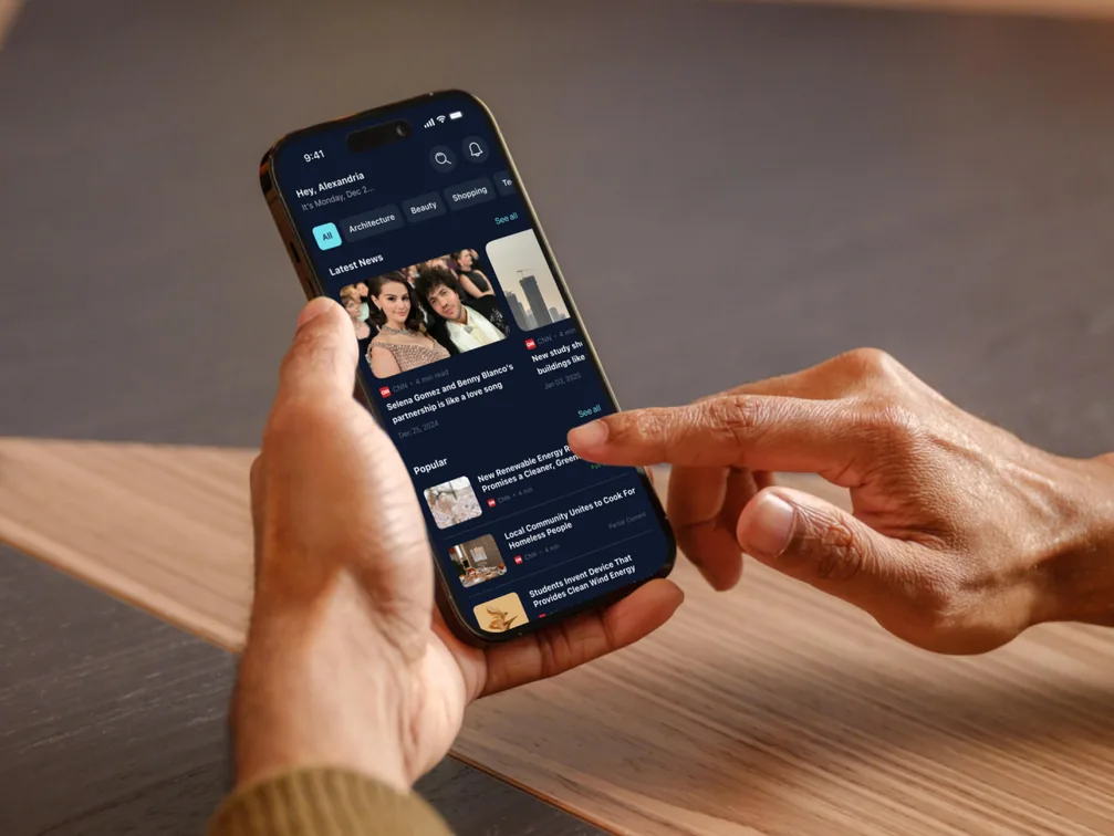 Hiwe – personalised news feed open on a phone, project cover