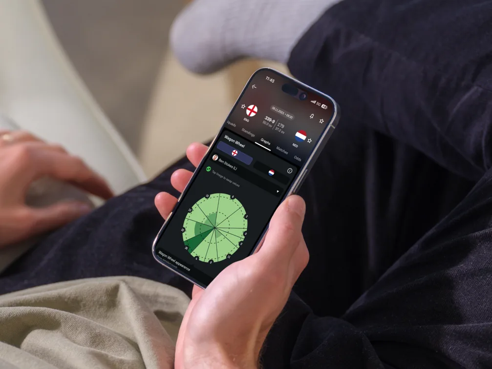 Sofascore – cricket wagon wheel statistics open on a phone, project cover